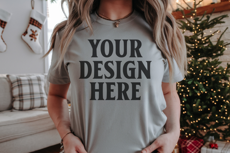 Comfort Colors 1717 Grey Christmas T-Shirt Mockup, Boho