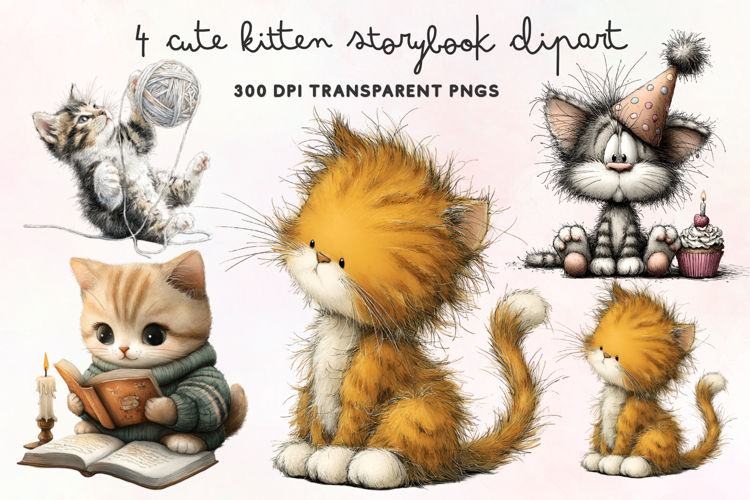 Cute Kitten Storybook Clipart PNG