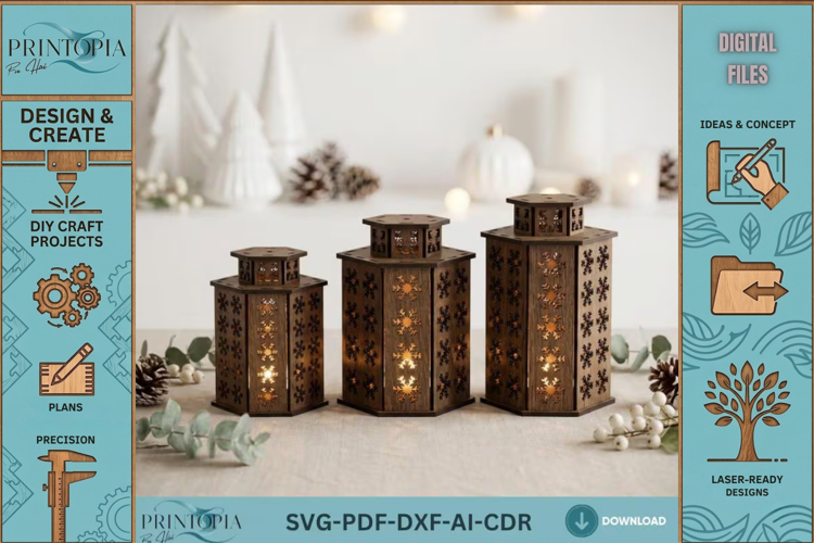 Laser Cut Christmas Lantern Wooden Snowflake Tealight Lamps