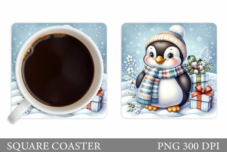 Cute Penguin Coaster Sublimation. Christmas Coaster Design