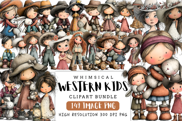 Whimsical Western Kids Clipart Bundle | Cute Cowboy & Cowgir