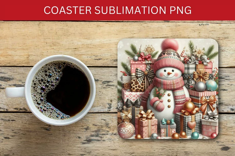 square coaster - snowman wrapped gifts