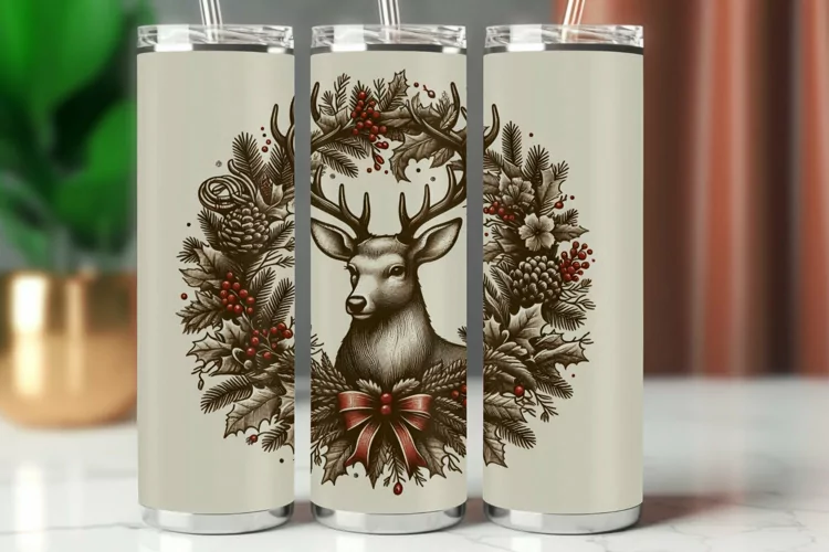 Tumbler Wrap 20 oz - reindeers with wreath