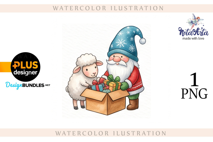 Christmas Gnome Santa with a Sheep in Watercolor Style
