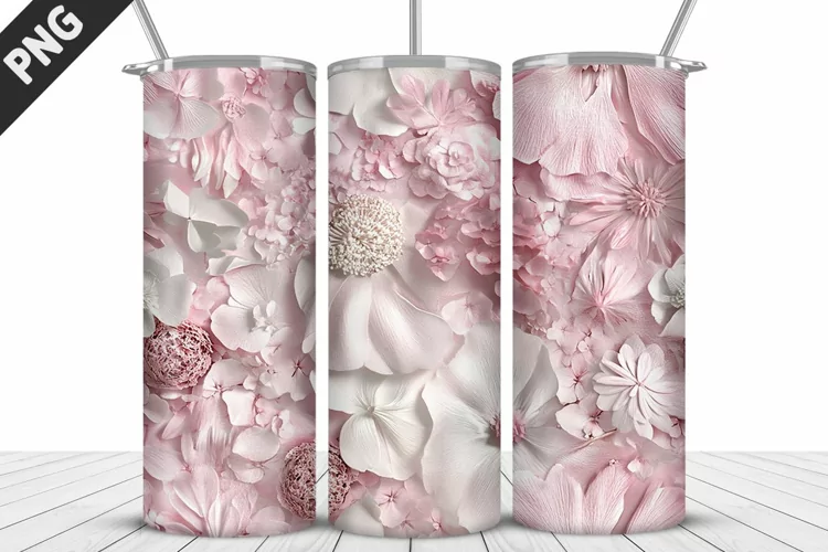 3D White Flowers Tumbler Wrap | Sublimation Design | Tumbler