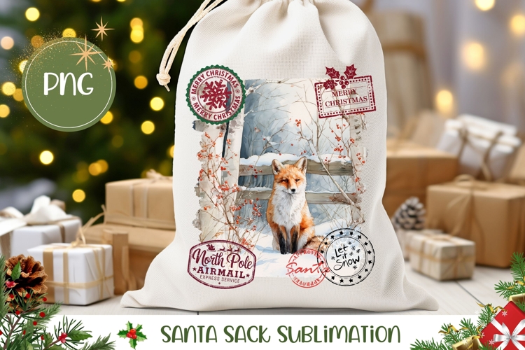 Watercolor Christmas Fox Santa Sack Sublimation