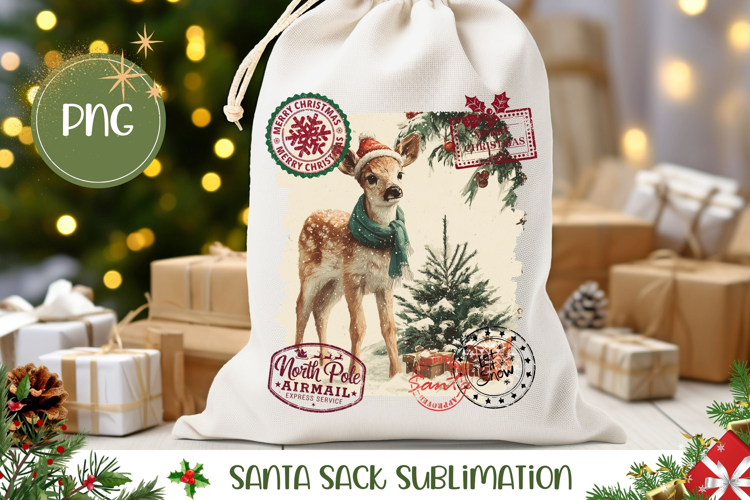 Christmas Deer Santa Sack Template, Cute Gift Bag Design