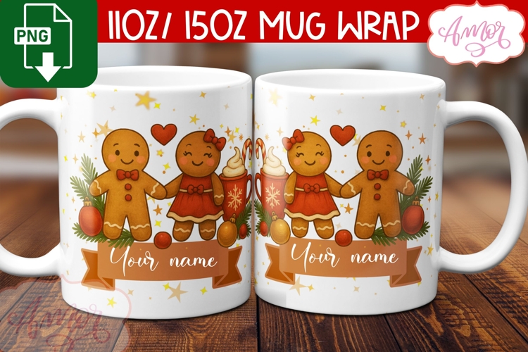Custom Christmas mug wrap PNG, Gingerbread man mug template