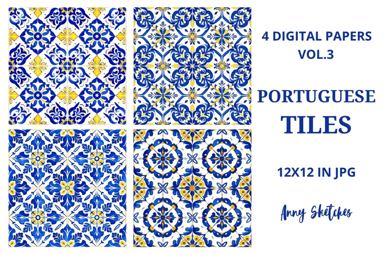 4 Portuguese Tiles Azulejos Seamless Pattern Digital Papers