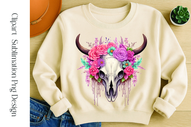 Cute boho floral bull skull watercolor clipart sublimation