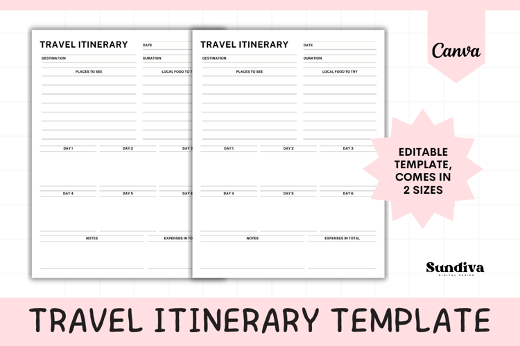 Travel Itinerary Editable Template 5 | Travel Planner