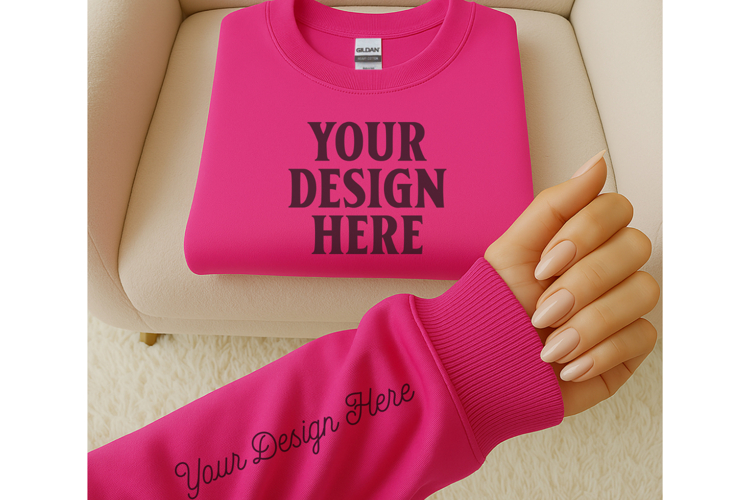 Gildan 18000 Safety Pink Sleeve Sweatshirt Mockup | Cozy