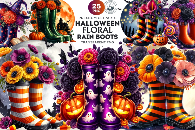 Halloween Floral Rain Boots - Cute Witchy Garden Clipart PNG