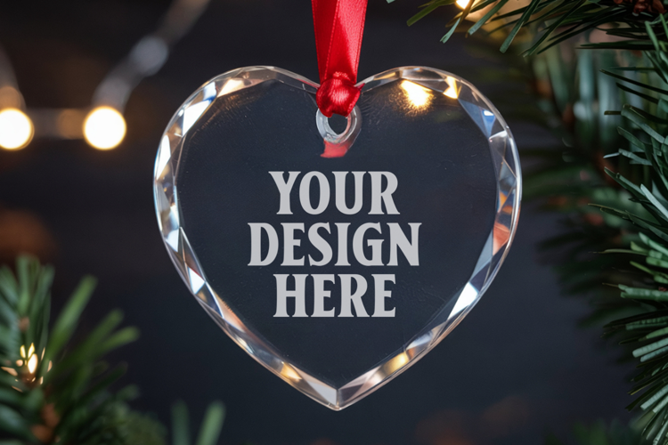 Christmas Heart Crystal Glass Ornament Mockup | Clear Heart