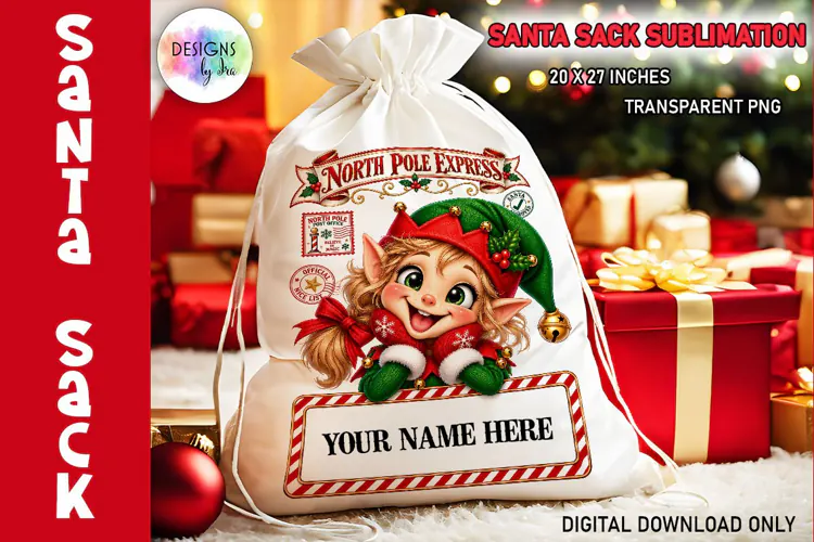 Christmas Elf Girl Santa Sack Sublimation PNG