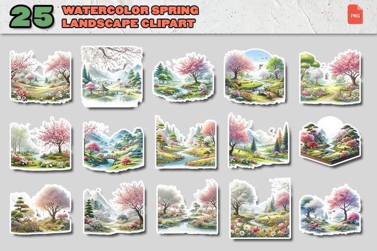 25 Watercolor Spring Landscape Clipart PNG Sticker Bundle example image 1