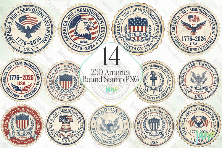 250 America Round Stamp PNG Bundle