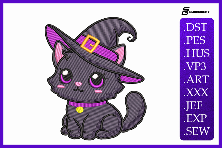 Black Cat Witch Hat Embroidery Designs For Machine