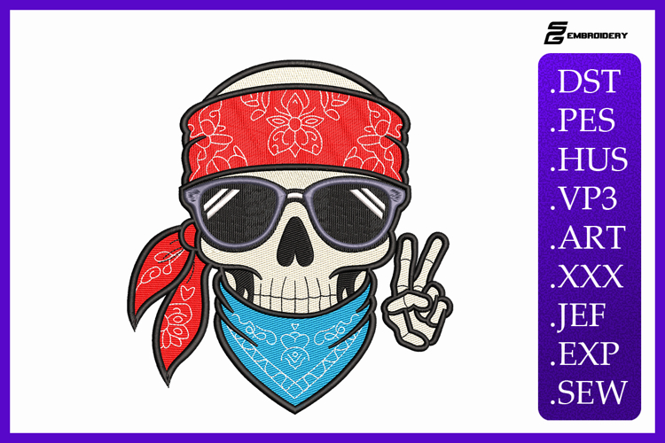 Skull with Bandana Embroidery Designs For Machine