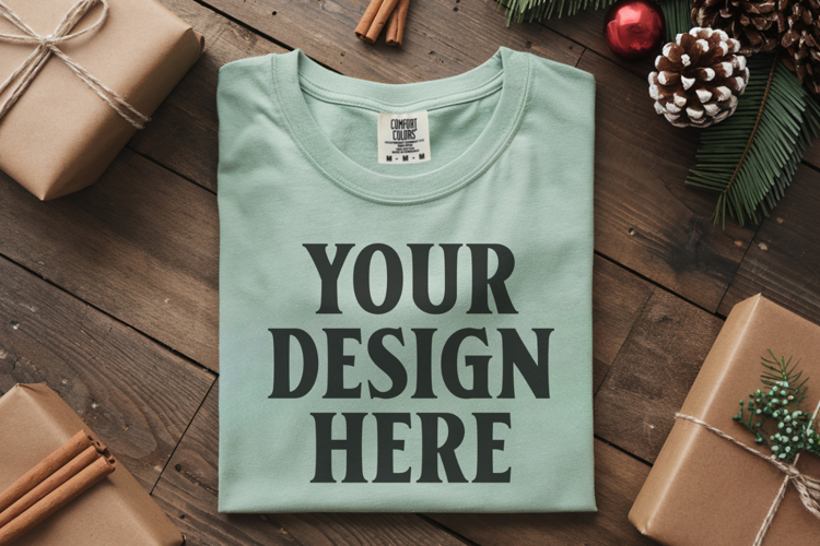 Seafoam Comfort Colors 1717 Christmas Folded T-Shirt Mockup