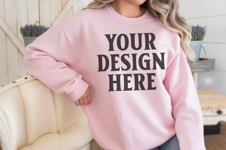 Gildan 18000 Light Pink Mockup , Crewneck Sweatshirt Boho
