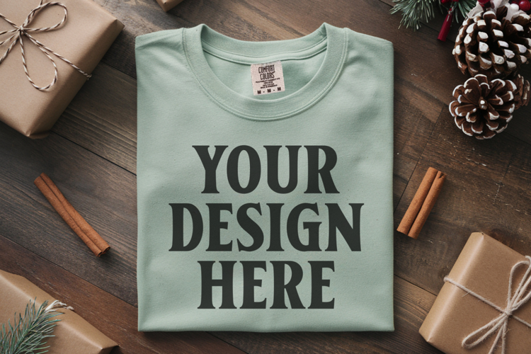 Seafoam Comfort Colors 1717 Christmas Folded T-Shirt Mockup
