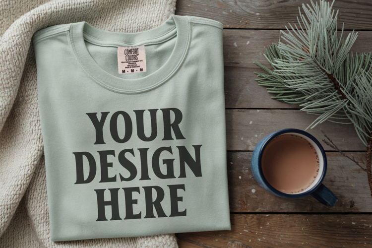 Seafoam Comfort Colors 1717 Christmas Folded T-Shirt Mockup