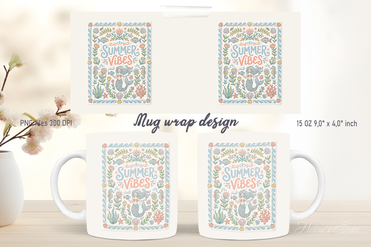 Summer vibes mug wrap design | Cute mermaid sea pattern png