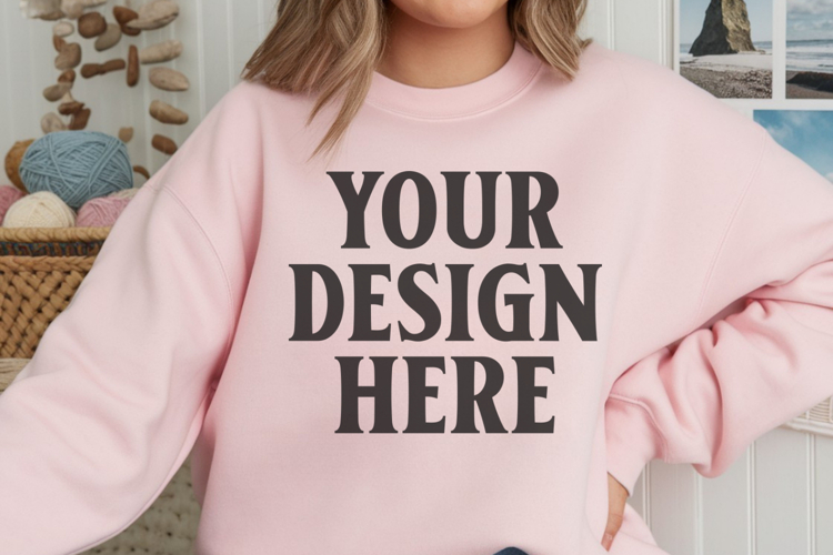 Gildan 18000 Light Pink Mockup , Crewneck Sweatshirt Boho