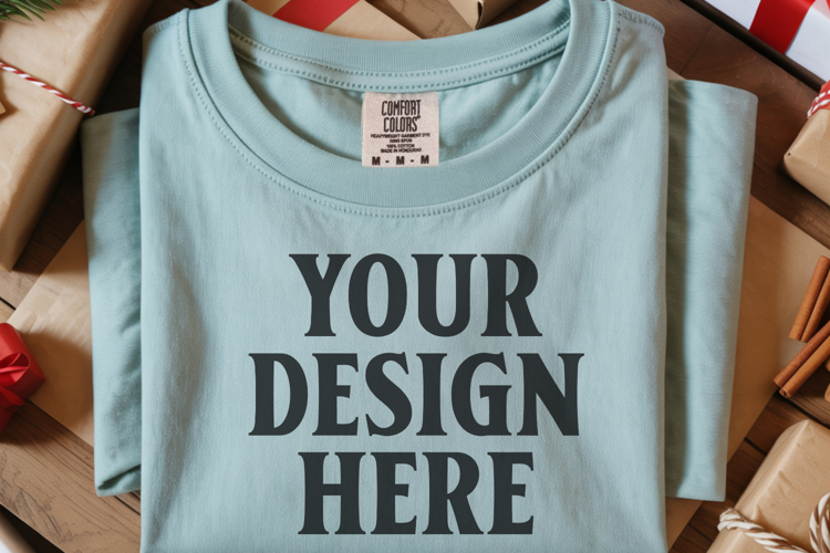 Seafoam Comfort Colors 1717 Christmas Folded T-Shirt Mockup