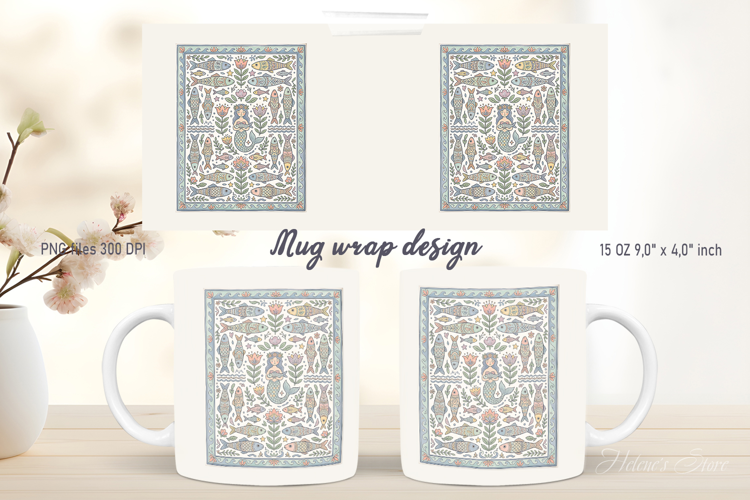 Ocean pattern mug wrap design | Cute mermaid sea pattern png
