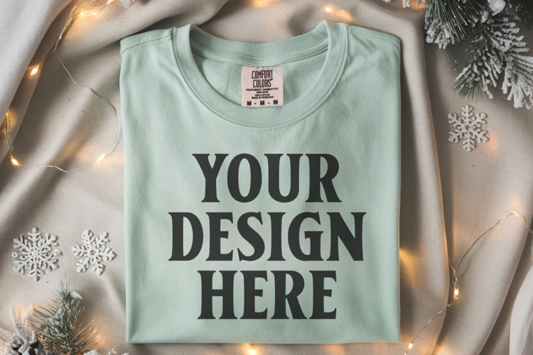Seafoam Comfort Colors 1717 Christmas Folded T-Shirt Mockup