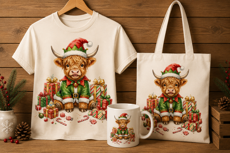 Highland Calf Dressed as Christmas Elf Art Print