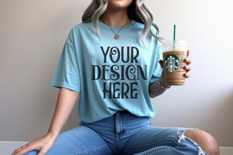 Comfort Colors 1717 Seafoam T-shirt Mockups, Real Model
