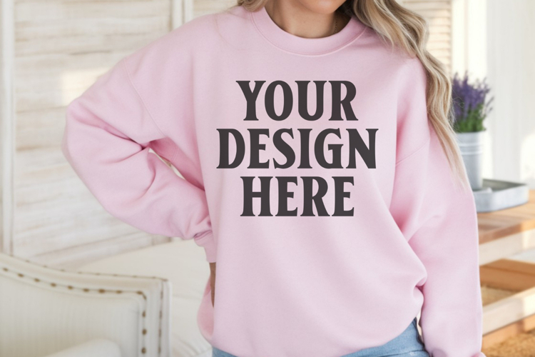 Gildan 18000 Light Pink Mockup , Crewneck Sweatshirt Boho