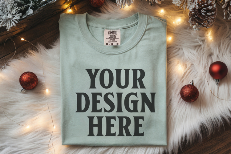 Seafoam Comfort Colors 1717 Christmas Folded T-Shirt Mockup