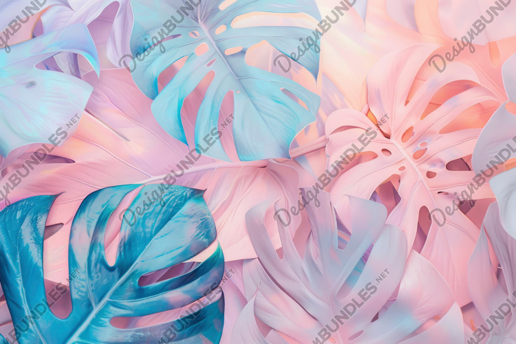 Pink and Blue Monstera Leaves Background Wallpaper