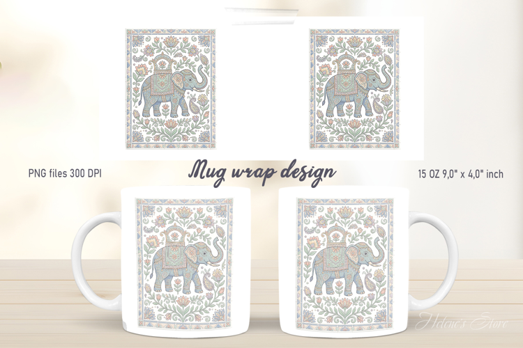 Cute floral elephant mug wrap design |Pastel pattern designs