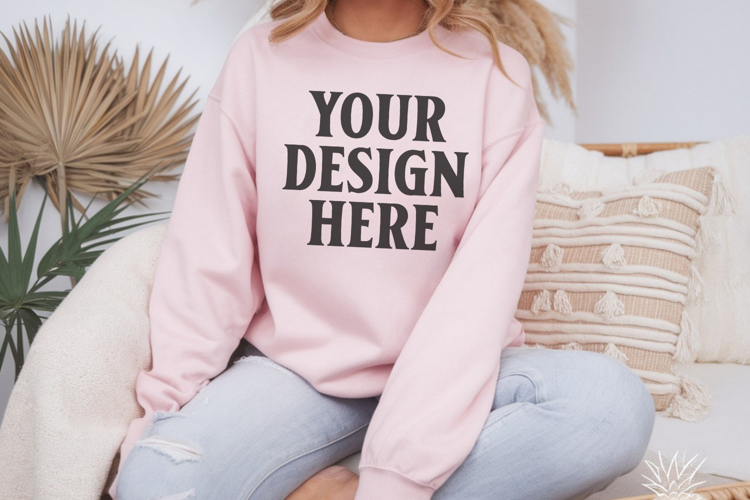 Gildan 18000 Light Pink Mockup , Crewneck Sweatshirt Boho