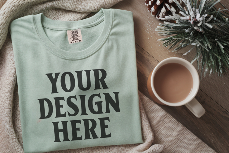 Seafoam Comfort Colors 1717 Christmas Folded T-Shirt Mockup