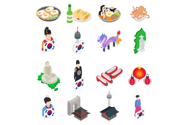 Korea icons set, isometric style