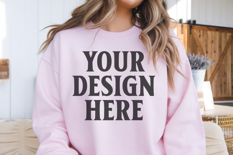 Gildan 18000 Light Pink Mockup , Crewneck Sweatshirt Boho