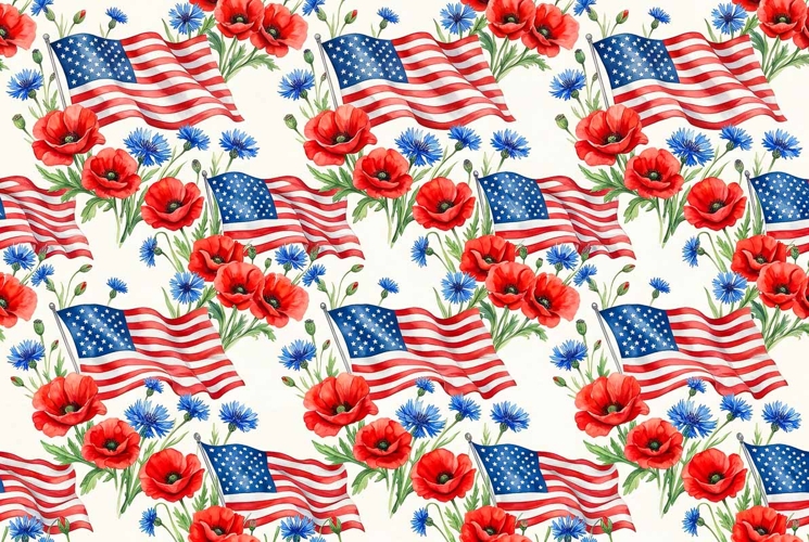 Watercolor pattern American flags waving Memorial Day