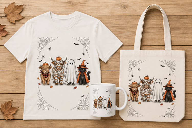 Spooky Cute Halloween Crew Highland Cow Ghost Cat Design