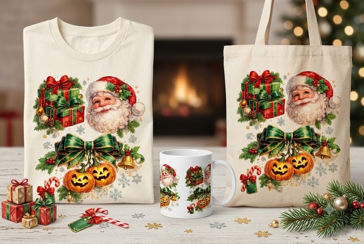 Christmas Halloween PNG Bundle, Santa Pumpkin Bow Clipart, H