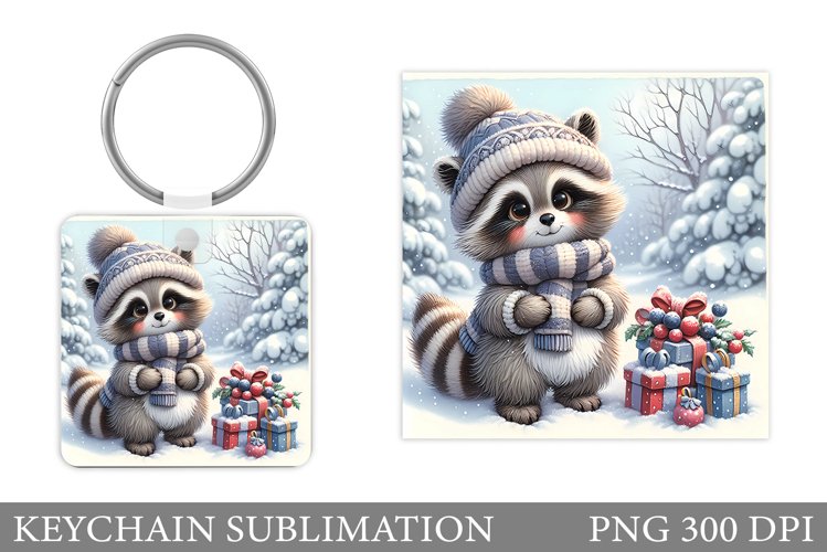 Cute Raccoon Keychain Design. Raccoon Christmas Keychain example image 1