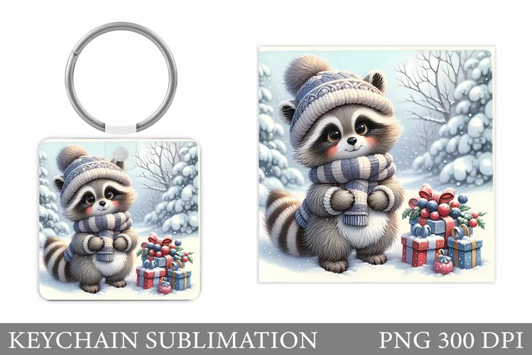 Cute Raccoon Keychain Design. Raccoon Christmas Keychain