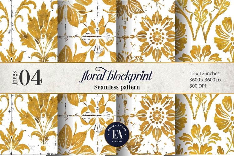 Gold Retro Floral Block Print | Geometric Floral Pattern