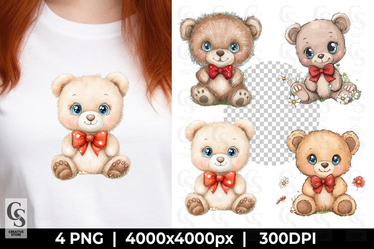 Cute Baby Teddy Bear with Red Bow Clipart Sublimation PNG