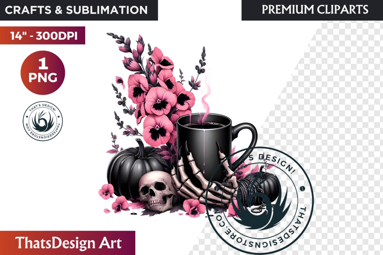 Pink & Black Gothic Halloween Skeleton Clipart PNG, Skull
